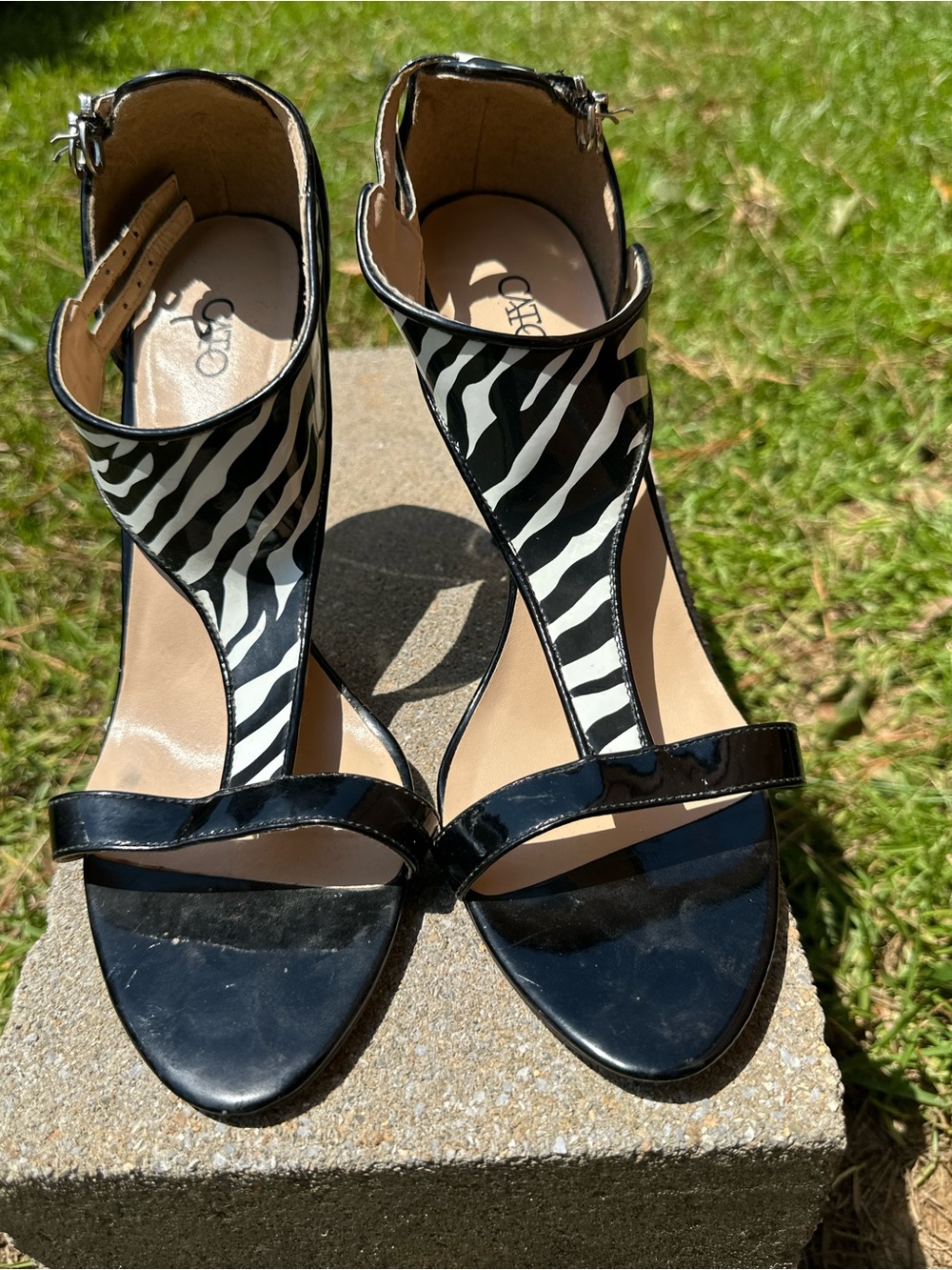 Cato Black and White Zebra-Print T-Strap Heels